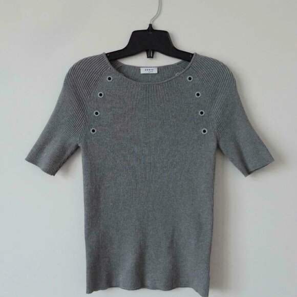 New AKRIS Grey Round Neck Short Sleeve Cotton Knit Top 10 w/ Rib Eyelet Detail - Picture 6 of 7